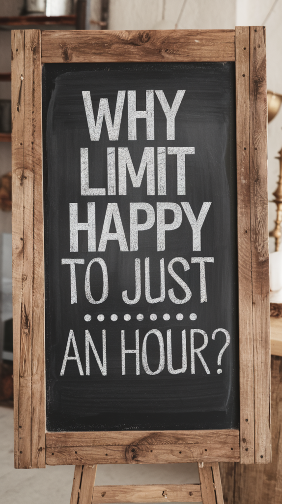 A black chalkboard framed in reclaimed wood that reads, "Why limit Happy to just an Hour?"