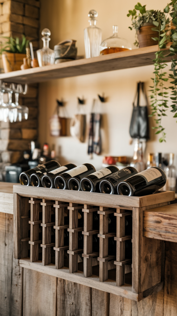 A rustic wood wine rack built into the bar, holding bottles horizontally. Above it, a shelf displays decanters and small plants.