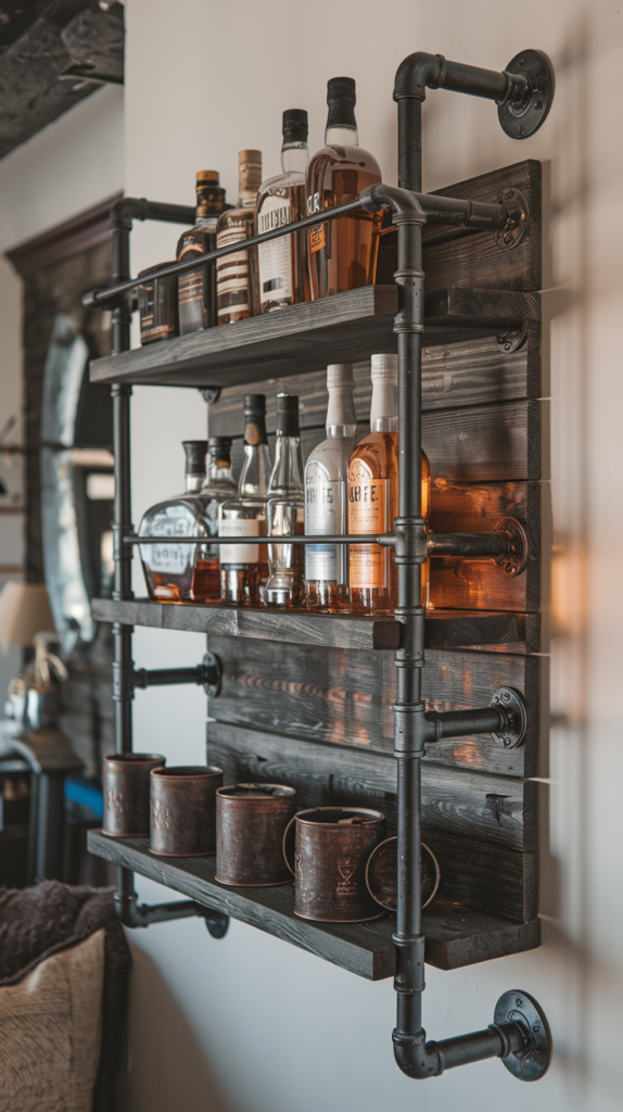 Wall-mounted shelves made from dark-stained wood and black metal pipes, stocked with bottles of whiskey and rustic tin mugs.