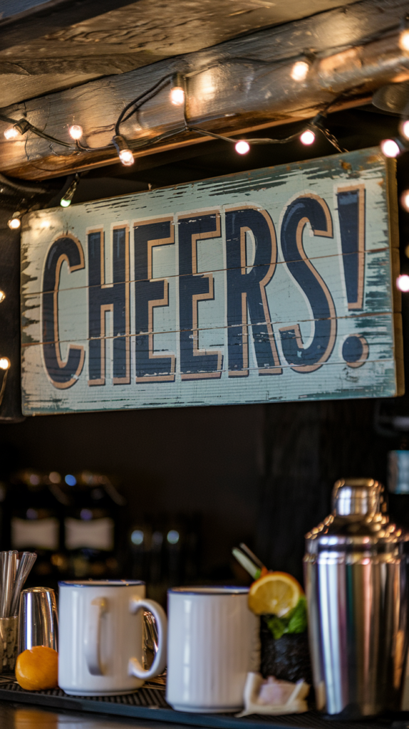 A weathered wood sign above the bar that reads “Cheers!” in bold, hand-painted lettering, surrounded by string lights.