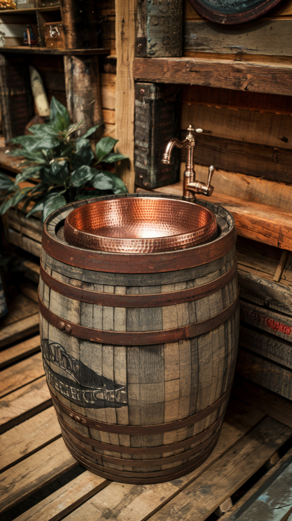A whiskey barrel with a hammered copper sink and a matching faucet, surrounded by rustic shelving.