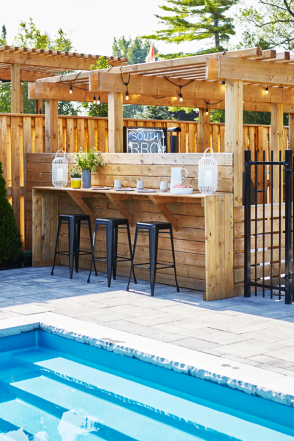 Cozy Poolside Bar with Pergola Accents for Pool Deck Decorating Ideas
