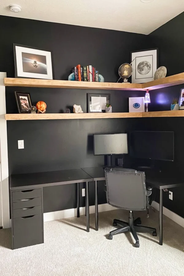 Floating shelves used for home office organization