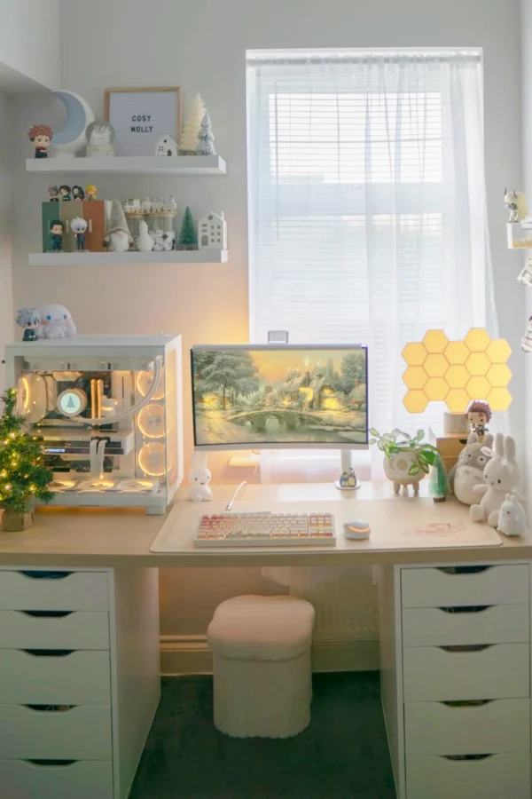 Home office desk showing a footrest doubling as storage for home office organization