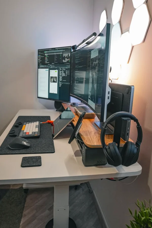 Sideview of standup desk used for home office organization