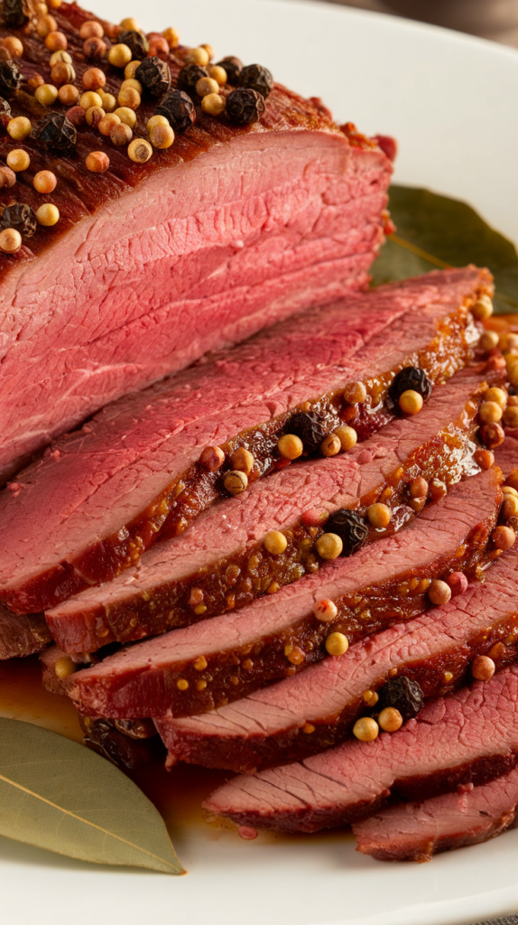 Sliced corned beef brisket with seasoning, presented on a rustic wooden cutting board with herbs and spices.