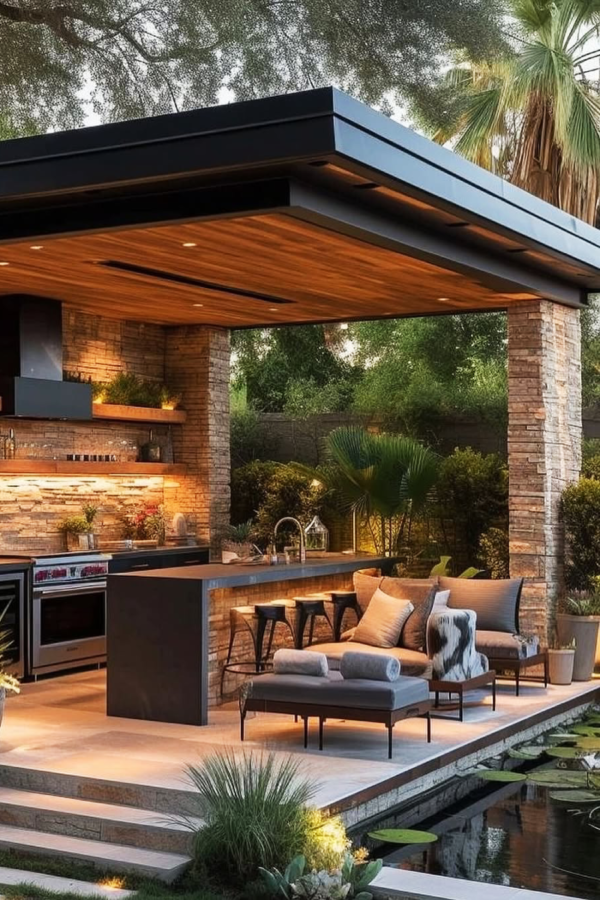 Luxury Poolside Lounge with Outdoor Kitchen for Pool Deck Decorating Ideas