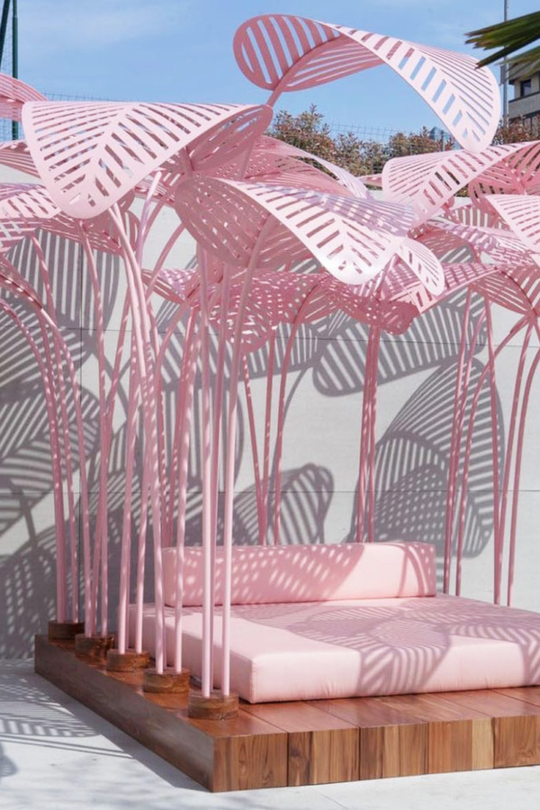 Modern Pink Pergola Oasis for Pool Deck Decorating Ideas