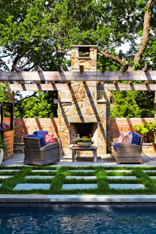Rustic Poolside Fireplace for Pool Deck Decorating Ideas