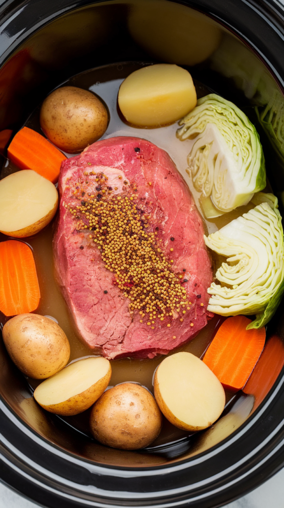 Slow cooker corned beef with potatoes, carrots, and cabbage in a rich broth, cooked to tender perfection.