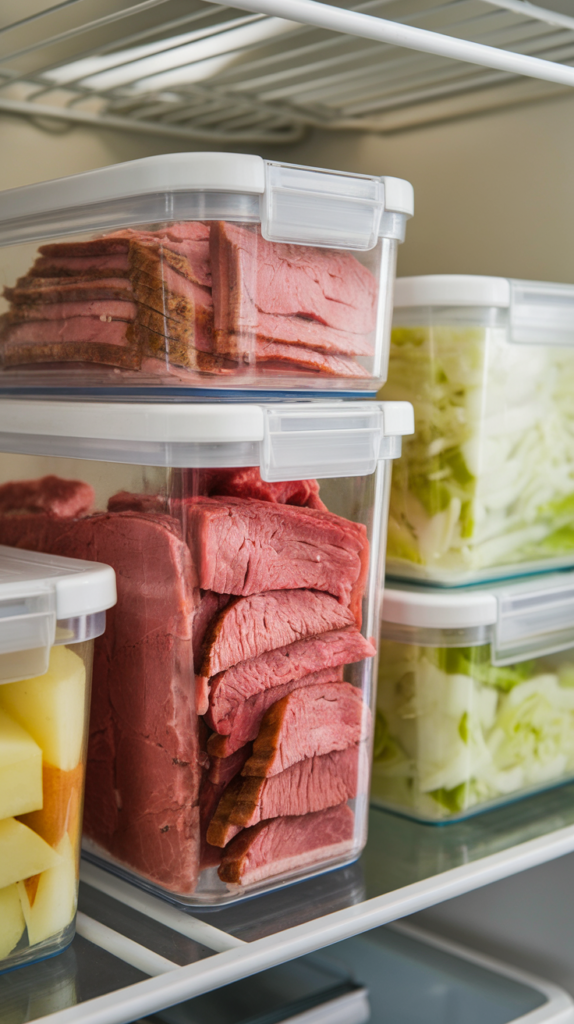 Leftover corned beef stored in clear airtight containers, ready for refrigeration with labeled portions.