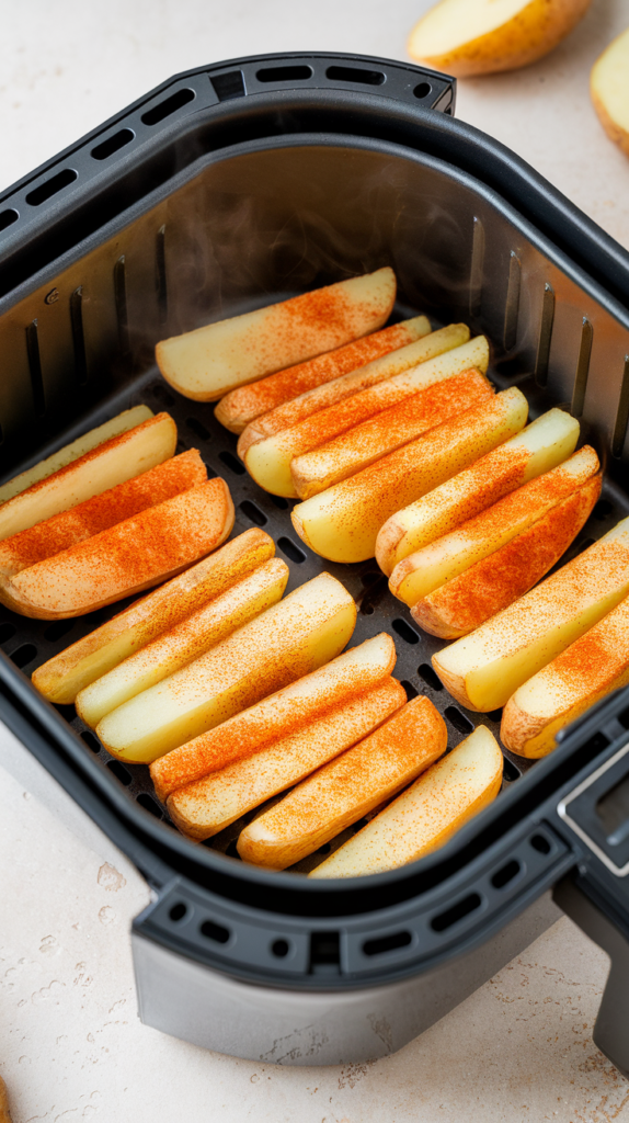 Seasoned potato wedges cooking in an air fryer basket, showing a close-up of the golden brown edges and spice coating.