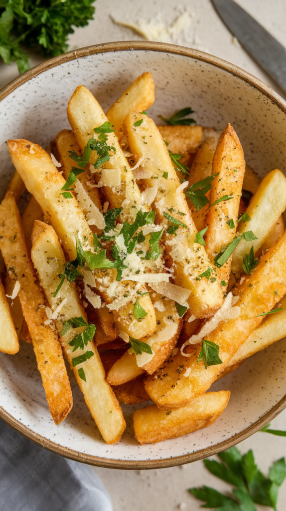 Crispy garlic parmesan fries served in a rustic white bowl, garnished with finely chopped parsley and freshly grated Parmesan cheese. The fries are perfectly golden, with flecks of garlic seasoning visible on each piece.