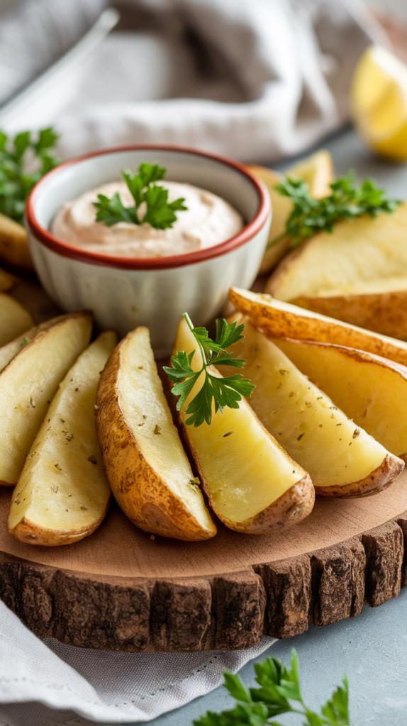 A plate of golden brown air fryer potato wedges served with ketchup and garlic aioli, garnished with fresh parsley.