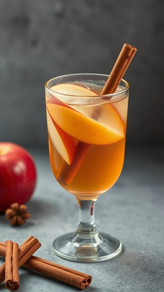 A refreshing glass of Apple Cider Fizz with apple slices and a cinnamon stick.
