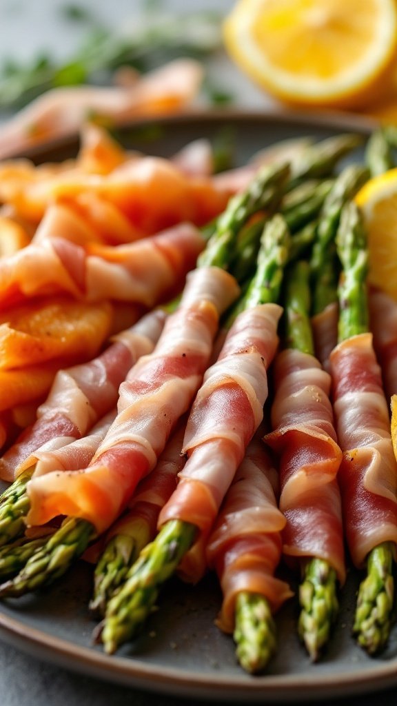 Plate of asparagus wrapped in prosciutto with lemon slices
