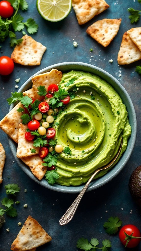 A bowl of avocado and cilantro hummus with pita chips and garnishes