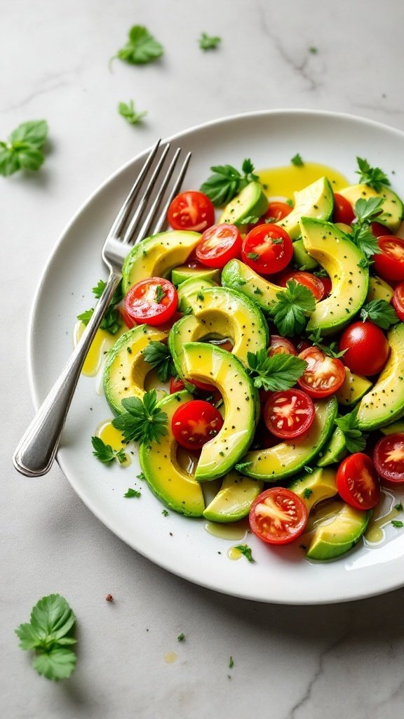A plate of avocado and tomato salad with fresh herbs and a fork
