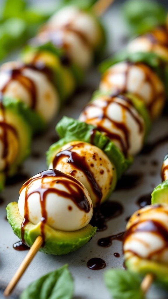 Avocado Caprese Skewers drizzled with balsamic glaze on a platter