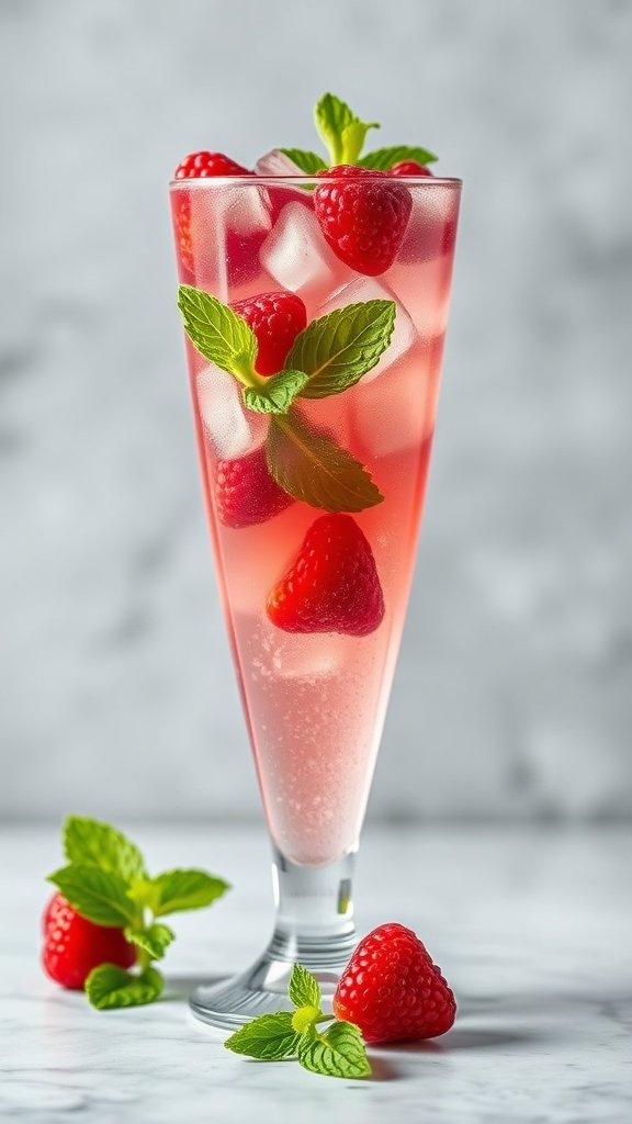 A refreshing Berry Blast Fizz mocktail with raspberries and mint leaves.