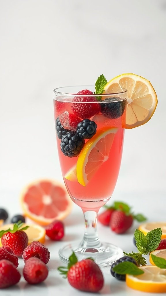 Colorful Berry Citrus Mocktail served in a glass with lemon slices and mixed berries.