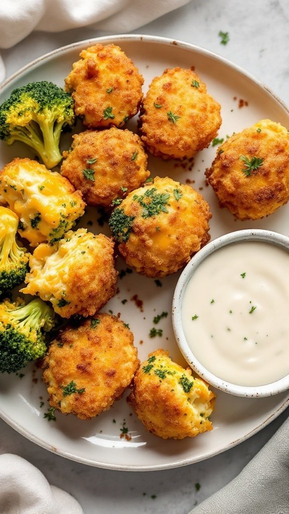A plate of broccoli and cheese bites with a side of dipping sauce