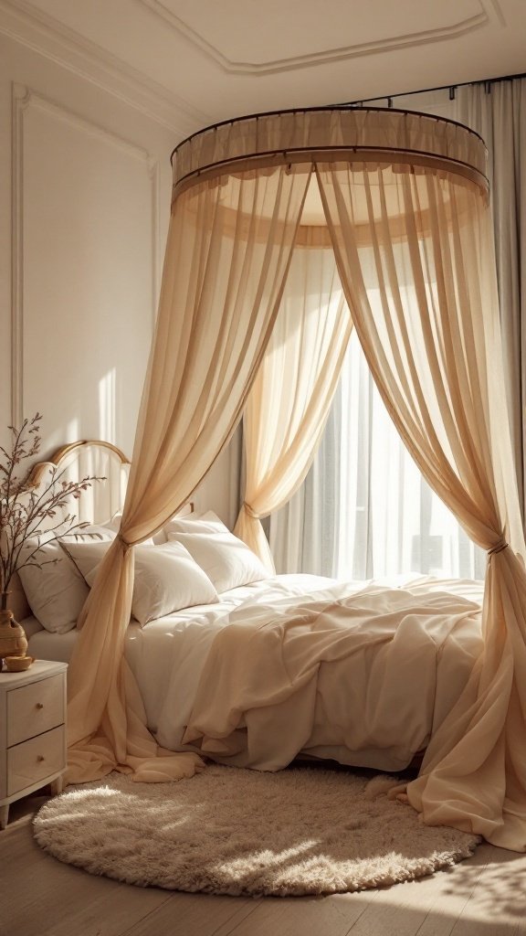 Cozy canopy bed with soft curtains and warm lighting