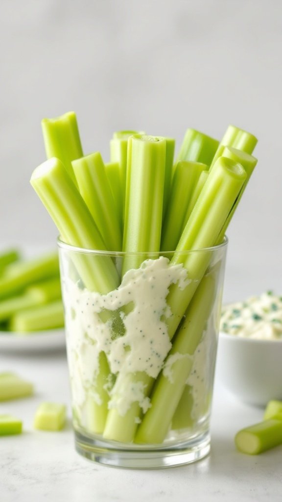 Celery sticks in a glass with blue cheese dip