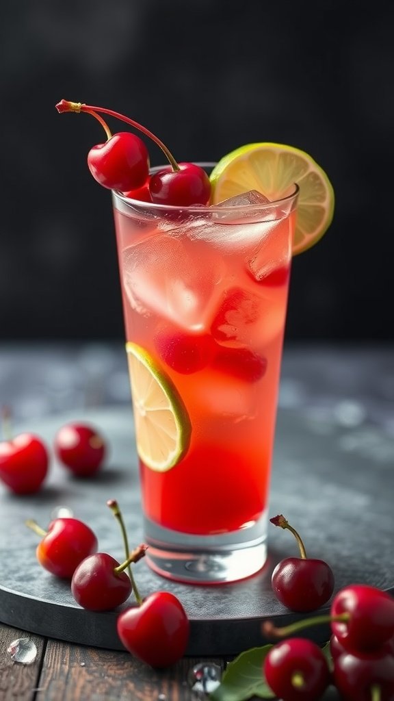 A refreshing Cherry Limeade mocktail in a glass, garnished with cherries and lime.