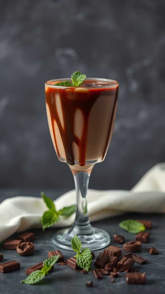 A glass of Choco-Mint Delight mocktail garnished with mint leaves and drizzled with chocolate syrup.