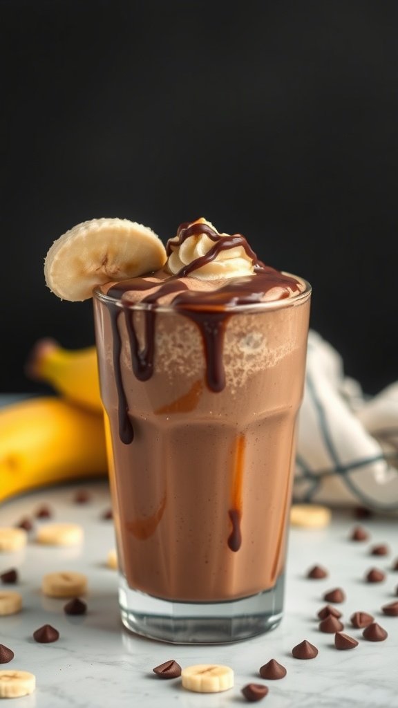 A delicious chocolate banana shake topped with whipped cream and chocolate syrup.