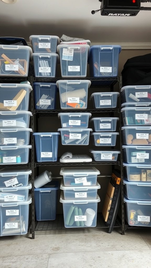 Organized garage with clear storage bins labeled for easy identification.