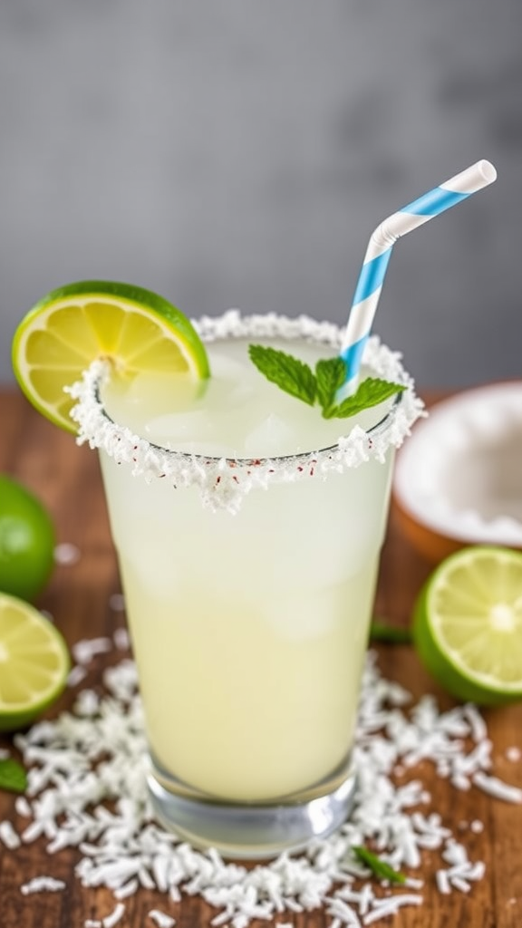 A refreshing coconut lime drink garnished with lime and mint.