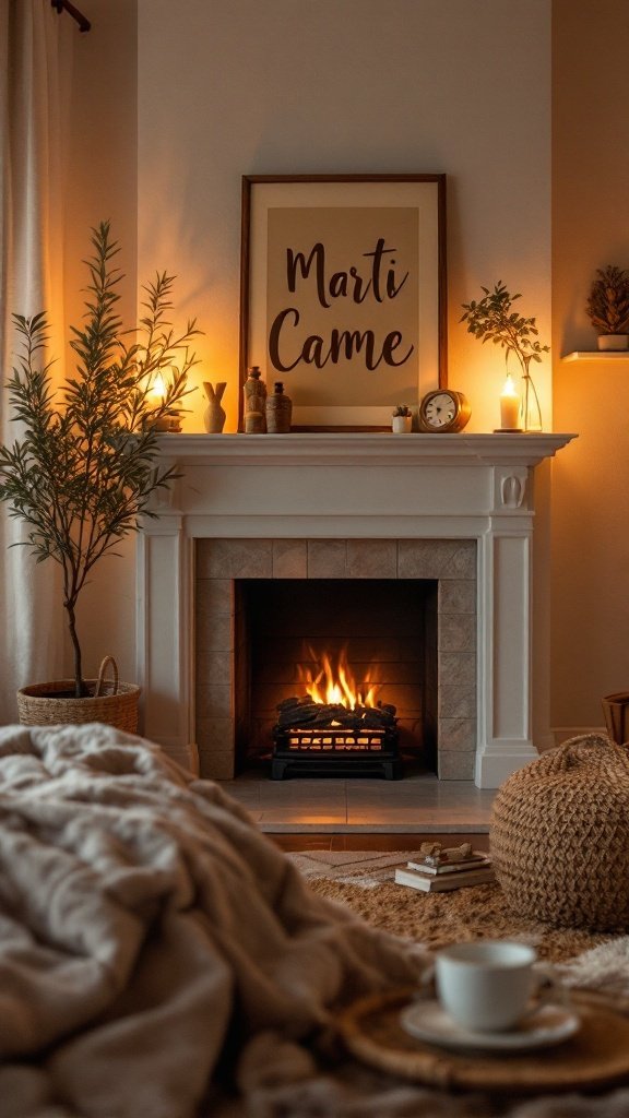 Cozy bedroom with a fireplace, warm lighting, and soft decor.