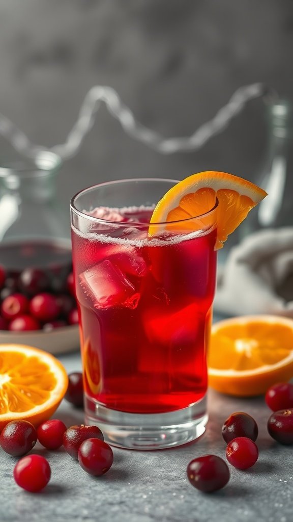 A refreshing glass of cranberry orange mocktail garnished with orange slices.