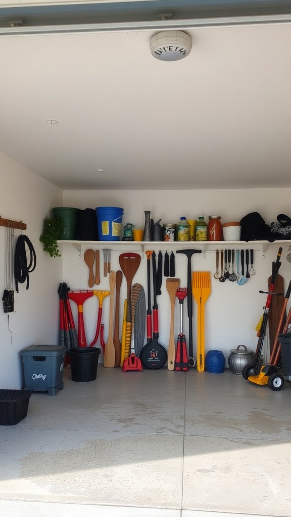 Organized garage with tools and storage containers on shelves.