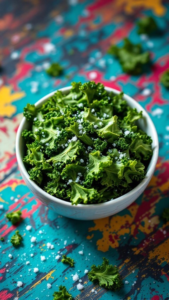 A white bowl filled with crispy kale chips, topped with sea salt, on a colorful background.