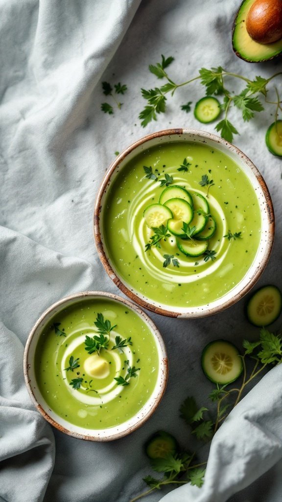 Two bowls of green cucumber and avocado gazpacho garnished with herbs and cucumber slices.