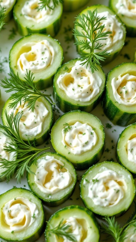 Cucumber and cream cheese roll-ups topped with fresh herbs