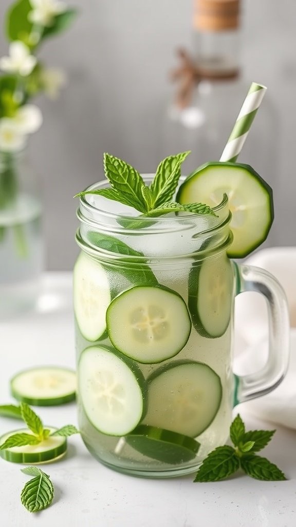 A refreshing cucumber and mint drink in a mason jar with cucumber slices and mint leaves.