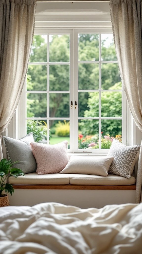 A cozy window seat with cushions and a view of greenery outside.