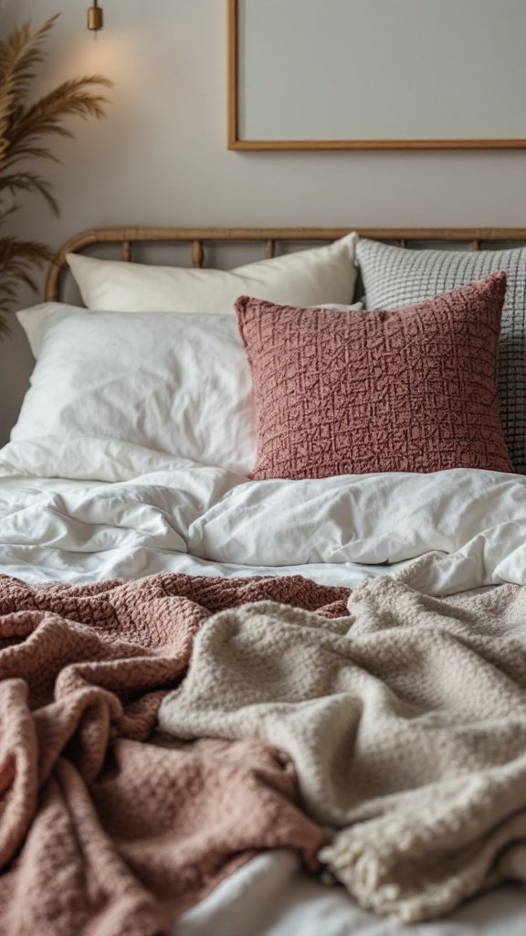 Cozy bedroom featuring an eclectic mix of patterned blankets and pillows.