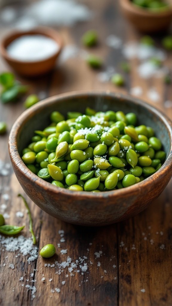A bowl of fresh edamame sprinkled with sea salt on a wooden table