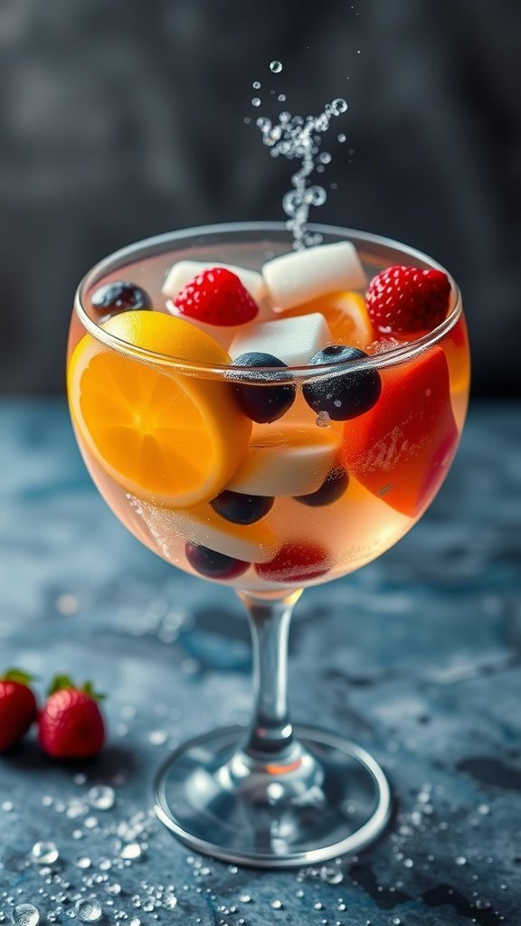 A colorful fizzy fruit punch in a glass decorated with fresh fruits and bubbles.