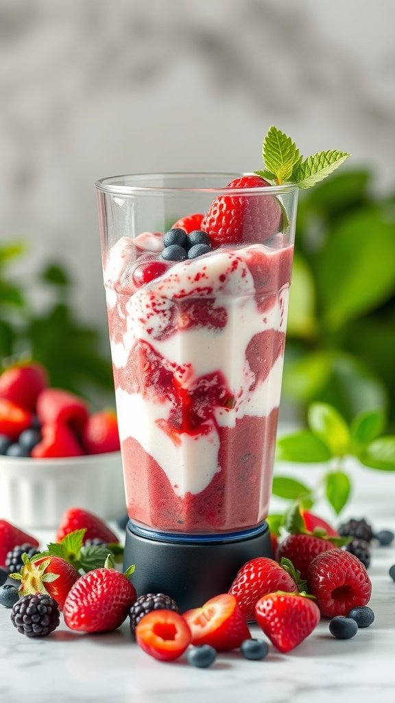 A vibrant Frozen Berry Smoothie in a glass, topped with fresh berries and mint leaves, surrounded by more berries on the table.