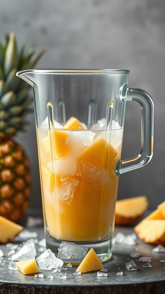 A refreshing pitcher of Frozen Pineapple Punch with ice and pineapple chunks.
