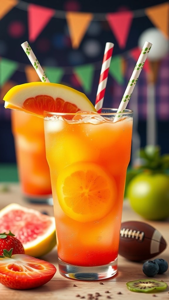 A colorful fruit punch mocktail with fresh fruit slices and ice.