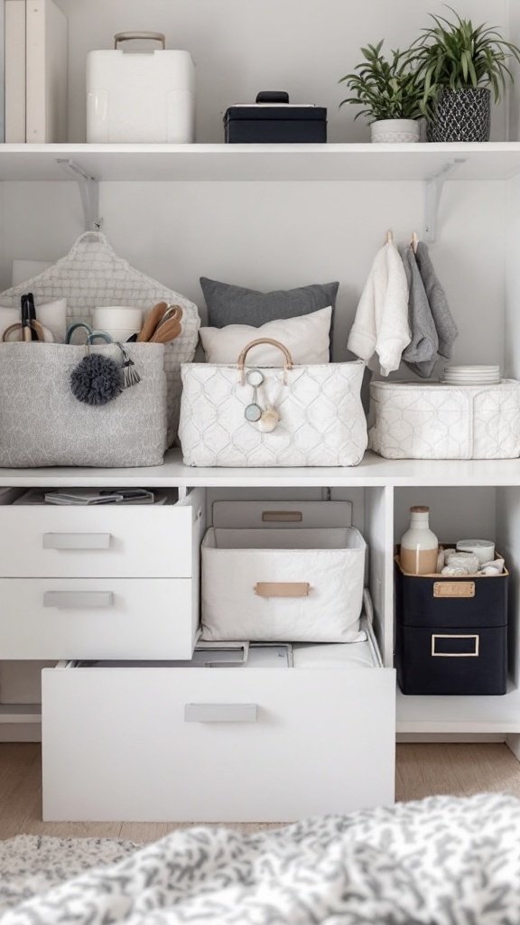Organized storage solutions in a cozy bedroom setting.