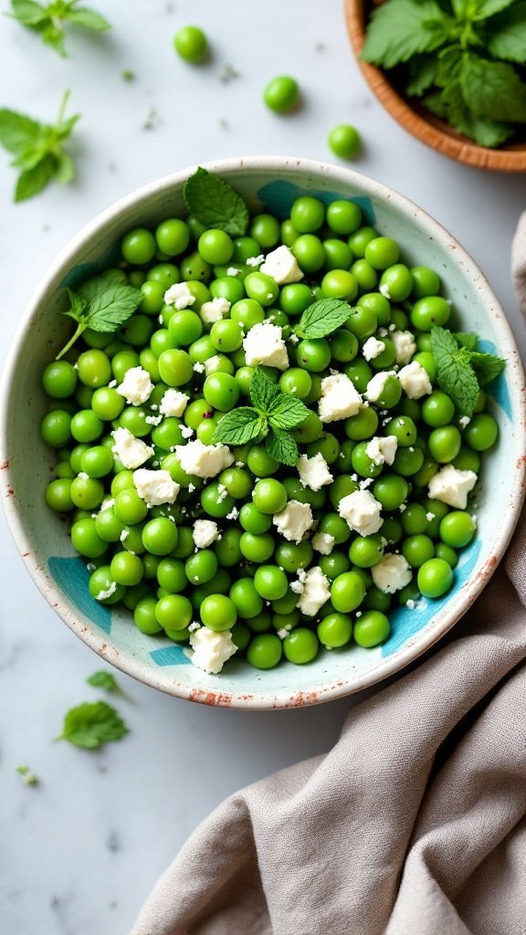 A bowl of garden pea salad with mint leaves and feta cheese.