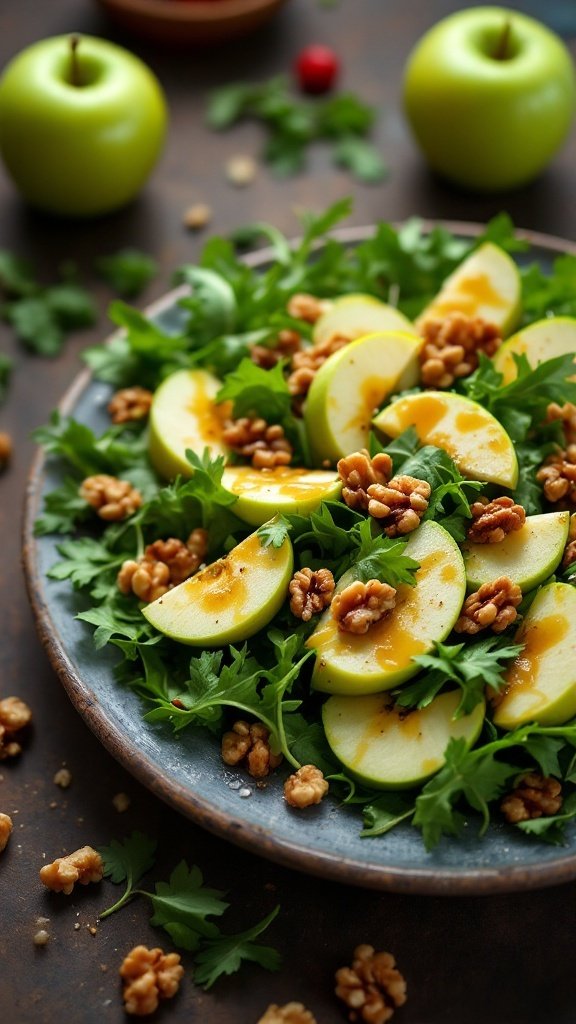 A fresh salad with green apple slices, walnuts, and leafy greens on a rustic plate.
